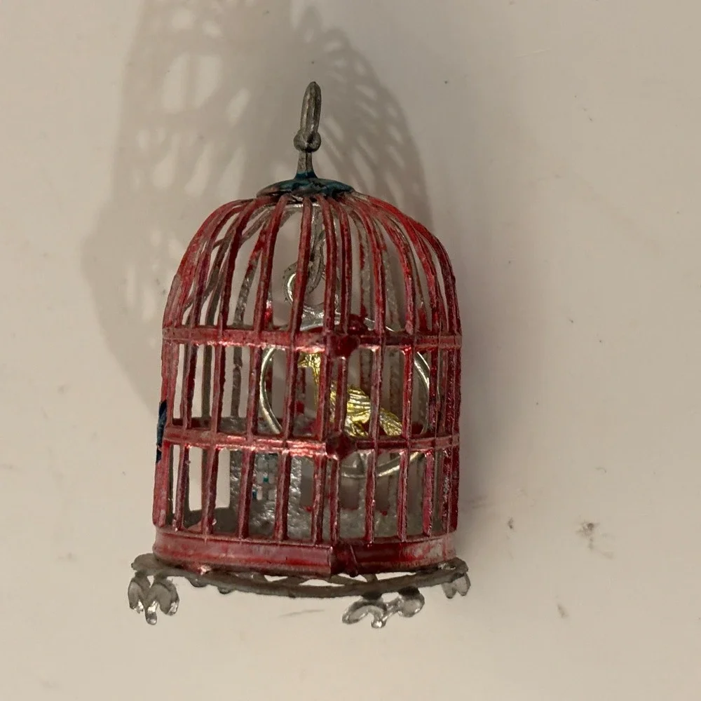VTG Antique German Dollhouse Miniature Bird Cage Soft Metal Spelter Canary